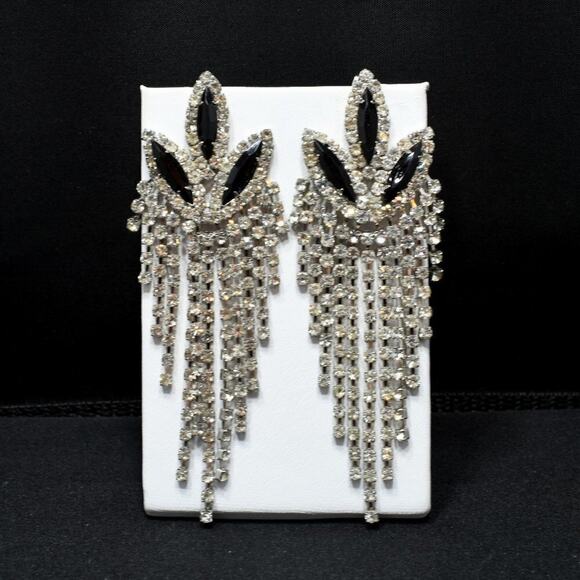 Vintage Black Rhinestone Floral Chandelier Earrings Long Dangle Fringe 3.5” - Picture 1 of 10